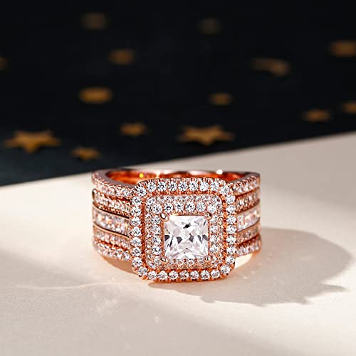 Image of Jeulia 3 PC Enhancer Ring Set for Women 925 Sterling Silver Princess Cut Diamond Engagement Rings Cubic Zirconia Halo Solitaire Wedding Rings Anniversary Promise Rings for Her with Jewelry Box