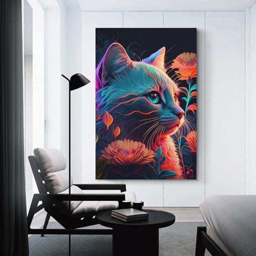 Chat et fleur néon 7 tableaux muraux salon et intérieur ado