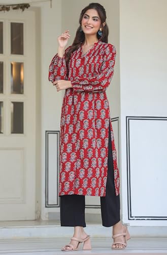 Image of Janasya Women's Maroon Pure Cotton Floral Print Flared Kurta