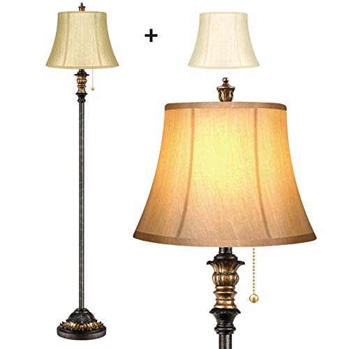 Traditional Floor Lamp, Classic Standing Lamp with 2 Silk Fabric Lampshades Bronze Vintage Tall Pole Lamp for Living Room Bedroom Office Rustic Upright Floor Light with Pull Chain Switch by PARTPHONER