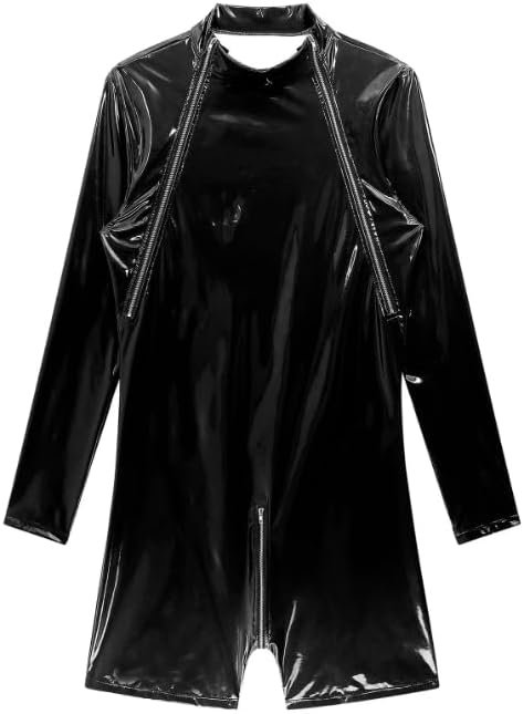 Mens Patent Leather Latex Wrestling Singlet Bodysuit Zipper Crotch Sleeve Jumpsuit Clubwear Dance Costume
