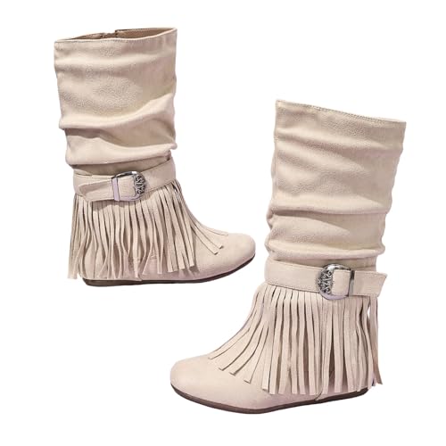 Mid Calf Boots for Girls Cute Buckle Zipper Flat Heel Slouchy Boot Slip On Casual Boots Round Toe Non Slip Sole Riding Boot for Fall Winter Spring Outdoor