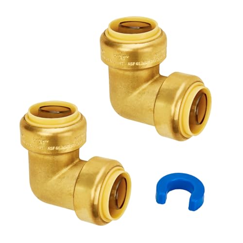 Image of 1 Inch Elbow, 90-Degree Plumbing Fitting, 2 Pack | Brass Push-to-Connect Pipe Fittings, for Pex Pipe, Copper, CPVC, PE-RT, with 1 Disconnect Clip