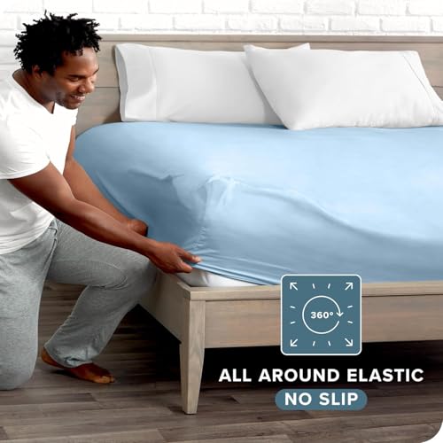 Image of 400 TC Cotton Elastic Fitted Bedsheet with 2 Pillow Covers for Queen Bed 66 x 72 8 Inches Light Blue Solid Color Fitted Sheet