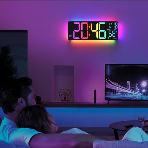 Image of YISILE Digital Wall Clock Large Display, 13 inch Large Digital Wall Clock with RGB Color Remote Control, Automatic Brightness Dimmer Big Clock with Night Lights, Auto DST, Date Week,Perfect for Gift