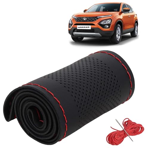 Image of KINGSWAY PU Leatherite Car Steering Cover Sewable Compatible with Tata Harrier (Year 2019-2023), Black Color with Red Thread, Pack of 1 with Sewing Needle and Thread