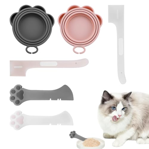 REBECCAHOWARD 6 Pièce Kits de Fournitures pour animaux de compagnie avec Couvercle en silicone, Ouvre boîte et Cuillère,Multiionnelle Cuillères en Silicone,Cuillères Sans BPA 2 en 1,Pour Animaux