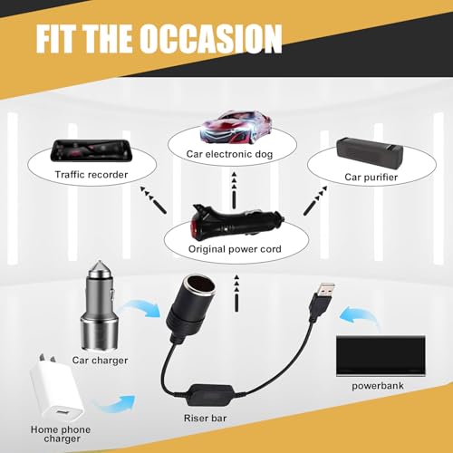 lekiliky USB A Male to 12V Car Cigarette Lighter Socket, PVC Copper Cable Converter with Maximum 10W for GPS Dashboard Camera, Vehicle Boost Conversion Circuit, for Most Cars (Black)