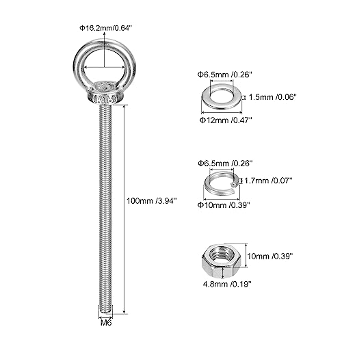 Image of uxcell Lifting Eye Bolt, 4 Sets M6x100mm Eye Bolt with Nut Washer 304 Stainless Steel Shoulder Lifting Ring Eye Bolt for Hanging Item