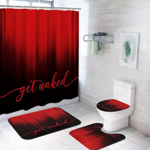 ArtSocket Bathroom Set with Shower Curtain and Rugs 4 Pcs Ombre Red Black