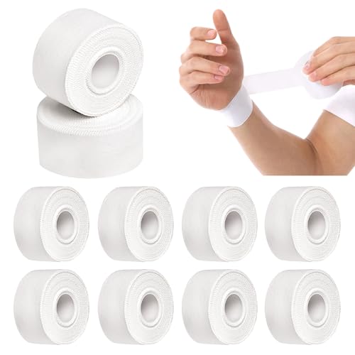 10 rollos de cinta deportiva, color blanco, 2,5 cm x 10 m, cinta de fútbol, vendaje autoadhesivo, vendaje de voleibol – fuerza adhesiva extra fuerte para estabilizar las articulaciones y proteger los