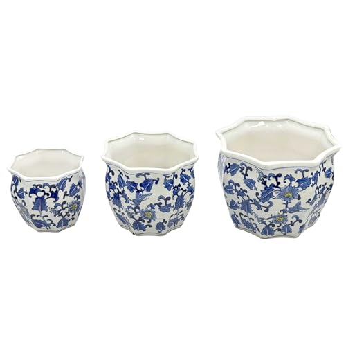 Galt International Blue White wYellow Accent Round Fluted Floral Porcelain Ceramic Plant Flower Planter Pot Set of 3 75 10 13 Garden Pots Chinese Asian Design