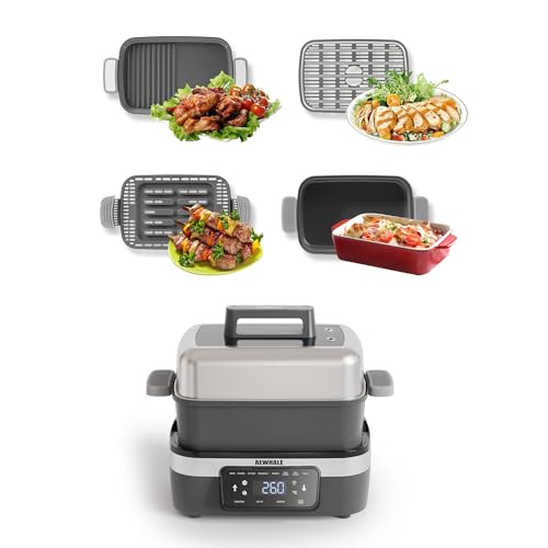 AEWHALE 8-in-1 Multikocher mit Air Fryer,Reiskocher,Slow Cooker,Dampfgarer& Warmhaltefunktion|4 Zubehörteile | Antihaftbeschichtete, austauschbare Platten und Pfannen