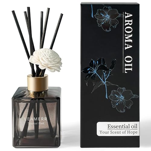 LEAMERR Reed Diffuser with Natural Aroma Essential Oil Tropical Fruit Scent- 6.3 oz (180 ml) Home Fragrance with Sticks Reed Diffuser Flower for Home Room Office Bathroom Shelf Decor