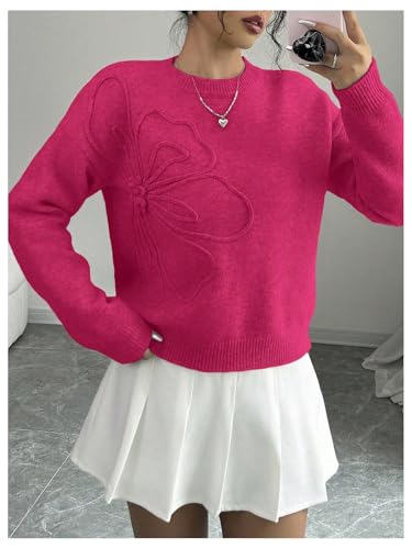 Image of RoseSeek Women's 3D Floral Appliques Crewneck Sweaters Long Sleeve Drop Shoulder Pullovers Elegant Knit Tops