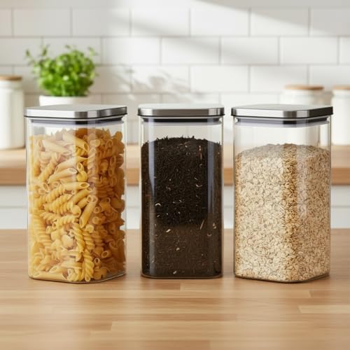 Image of ginoya brothers Airtight Borosilicate Glass Square Jar With Wooden Or Steel Lid Multi-Size, Container for Spices, Coffee, Grains, Snacks & Kitchen Organization (2, STEEL LID, 790 ML)