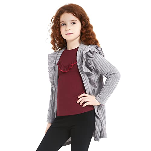 Kids Cardigan Cable Knitted Tops Ruffle Sweater Solid Coats Girls' Long Open Outerwear Gray 12-13Y #TOP25