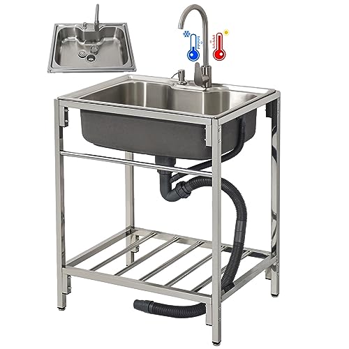 Fregadero de cocina independiente con fregadero portátil de un solo compartimento, fregadero comercial de acero inoxidable, fregadero comercial, con grifo para uso en interiores, patio, W