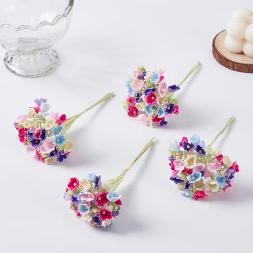 FREEBLOSS 144 Stück Mini Blumen Maulbeerpapierblumen Mit Stielen Künstliche Blumensträuße Für Sammelalben Grußkarten Puppenhaus Dekorationen