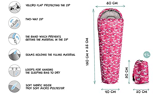 Miniatura 2 de Meteor Saco Dormir Tipo Momia Con Capucha - Para Niños En Viaje Camping Funda Vivac Festival Hotel Portátil Con Mochila Ymer 130 25 X 60 40 Cm, Unicorn