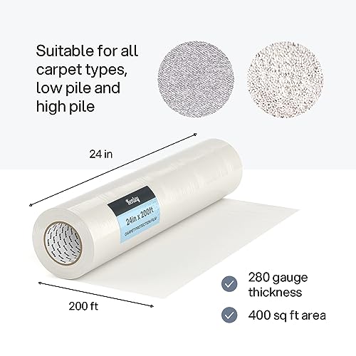 Kenley Carpet Protection Film - Self Adhesive Plastic Carpet Protector Film - Heavy Duty Shield Covering for Stairs Floor Runner Surface - Puncture & Water Resistant Sticky Protection Roll (24"x200') - Thumbnail 6