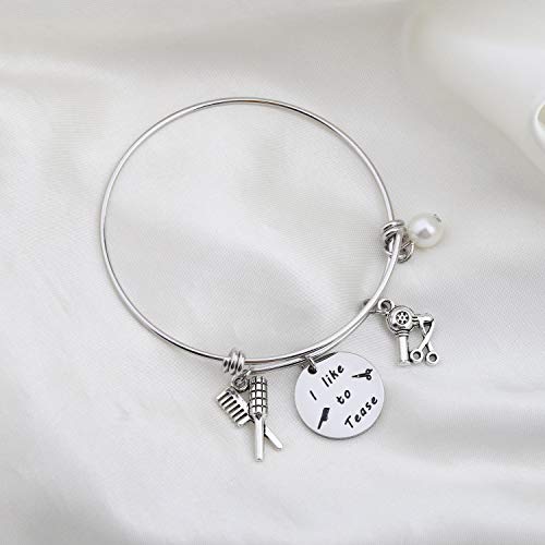 Image of HOLLP Expandable Hairdresser Bracelet Hair Stylist Charm Bracelet with Comb Hair Drier Charm Hairdresser Jewelry I like to Tease Bracelet Gift for Stylists