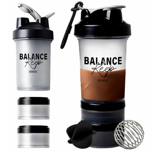 BERNESSI 500ml/17oz Protein Shaker Bottle with Leak-Proof for Protein Mixes & Shakes with Stainless Steel Ball Protein Bottle Blender Cocktail Shaker Cup for Gym Fitness Home Pre Workout (Balance)