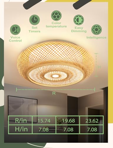 Boho Light Fixture 19.68in Hand-Woven Drum Smart Bamboo Ceiling Light with Voice Control 3000-6000K Bedroom Lights for Ceiling 50W Flush Mount Light Fixture Ceiling Lamps for Living Room - Image 5