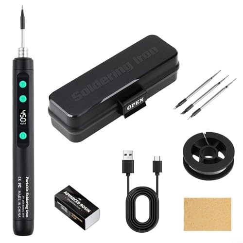 Lastdaytime Kit de soldador inalámbrico recargable por USB, con pantalla LCD y temperatura ajustable de 180°C-450°C, incluye 3 puntas, alambre de soldadura y pasta, para reparación de electrónica y