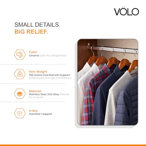 Image of VOLO Stainless Steel Oval Wardrobe Hanger Rod with End Supports - Heavy Duty Closet Hanging Rod for Clothes Storage, Wall-to-Wall Fitting (3 Ft, 3cm Thickness, Silver)