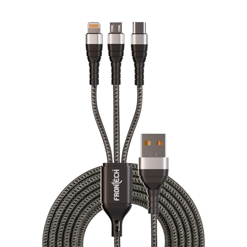 Image of FRONTECH 17W 3-in-1 Multi Fast Charging USB Cable | Type-C, Micro USB & 8 Pin Port | 1.2 Meter Braided Cable | Smart Chip Protection | Grey /Black (FT-1053)