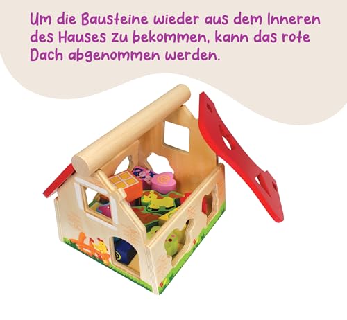 Eichhorn 100002098 Holz Steckhaus, 15-teiliges Haus aus Kiefernholz, mit 12 Steck-Bausteinen, Motorikspielzeug für Kinder ab 1 Jahr, Größe: 18 x 17,5 x 18 cm