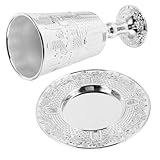 VERDANVERSE Set de Tasse Kiddush Shabbat Alliage de Zinc avec Soucoupe Vintage Coupe Juive...