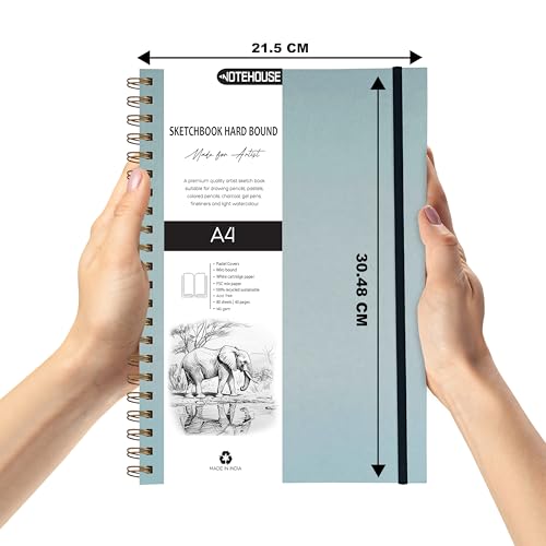Image of Notehouse A4 Sketchbook Hard Bound Made for Artist 140 GSM Art Notebook (30x21 cm) | 80 White Unruled Pages | Thick Smooth Drawing Paper | Pastel Blue Hard Cover
