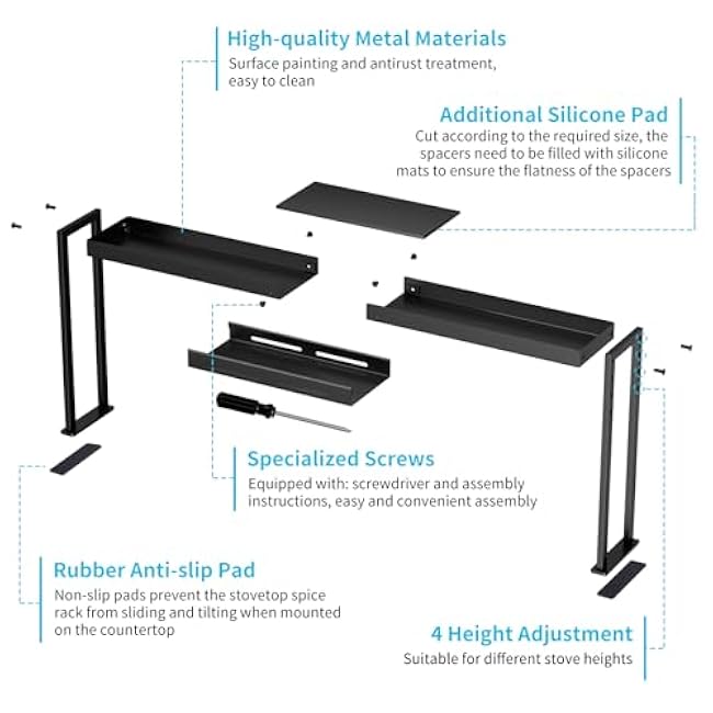 Stove Top Shelf, Kitchen Over Shelf for Stove, Stove Spice Rack for Top, Adjustable 27-33inch, Fits Various Stove Lengths, Kitchen Spice Organizer, Condiments and BBQ Sauces, Black