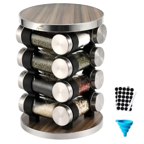 Image of Rotating Spice Rack Organiser - 16 Glass Jars, Labels & Funnel