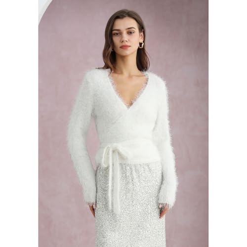 CHICWISH Women Fuzzy V Neck Wrap Knit Top Tie Waist Knot Long Sleeve Soft Pullover Sweater Casual Fall Winter Solid Top2
