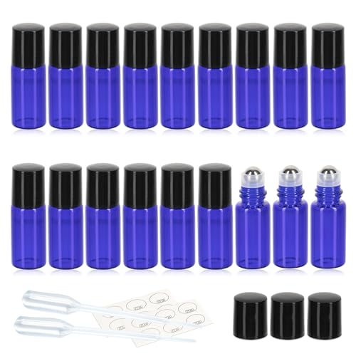ZEJIA 3ml Roller Bottles 24Pack Cobalt Blue Thick Glass Essential Oil Bottles with Stainless Steel Roller Ball and 2 Droppers