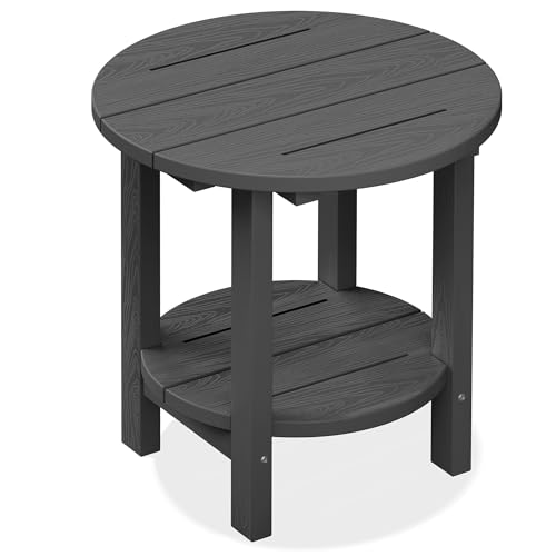 SERWALL Round Outdoor Side Table HDPE Small Adirondack End Table 2-Tier Patio Side Table for Backyard Pool Porch Garden Lawn Gray
