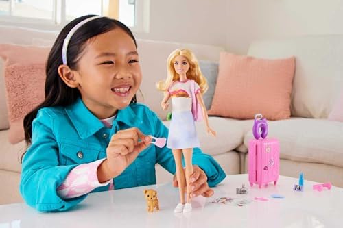 Barbie Doll & Accessories, Travel Set with Puppy and 10+ Pieces, Suitcase Opens & Closes, Barbie 'Malibu' with Blonde Hair - 1