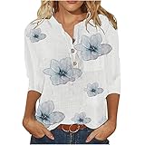 3/10 Sleeve Tops for Women Stand Up Collar V Neck Button Up T-Shirt Casual Floral Graphic Blouse Loose Tunic Tees Shirt Light Blue