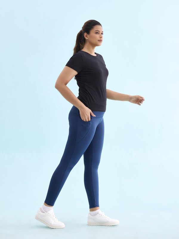 Image of GO COLORS Solid Nylon Stretch Ankle Length Training Tights | High Rise, Side Pockets