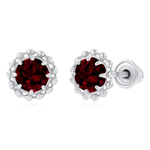 Solid 14K White Gold 4Mm Round Natural Red Garnet January Birthstone Textured Halo Screwback Earrings For Women And Girls #TOP22