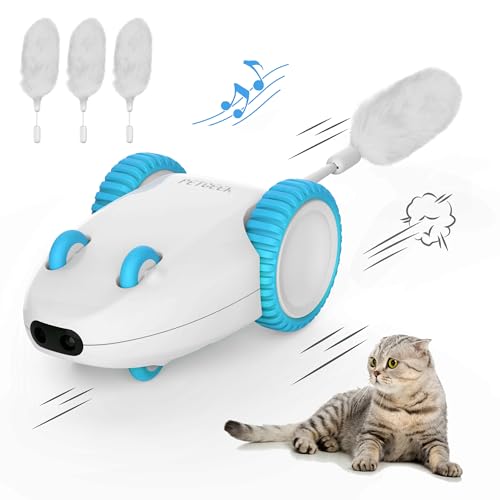 PETGEEK Automatic Cat Mouse Toys Interactive Cat Toys for Indoor Cats, Smart Sensing Moving Electric Cat Toys with Catnip Wand, USB Rechargeable Remote Control Squeaky Mouse Cat Toy, 3 Catnip Tails