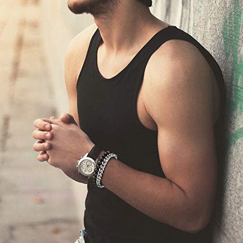 murtoo Mens Bead Leather Bracelet, Blue and Brown Bead and Leather Bracelet for Men (black-silver) - Thumbnail 6
