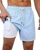 Gleeease Mens Swim Trunks with Compression Liner Mens Swim Shorts 5 inch with Compression Liner Pockets Drawstring Quick Dry Stretch Lined Funny Beach Swimming Pool Surf Striped Blue X-Large