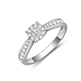 SISGEM 9 ct Gold Diamond Engagement Ring, Solid White Gold Halo Engagement Ring for Her, 0.284ct, F-G, SI, for Women Ladies (Size: T)