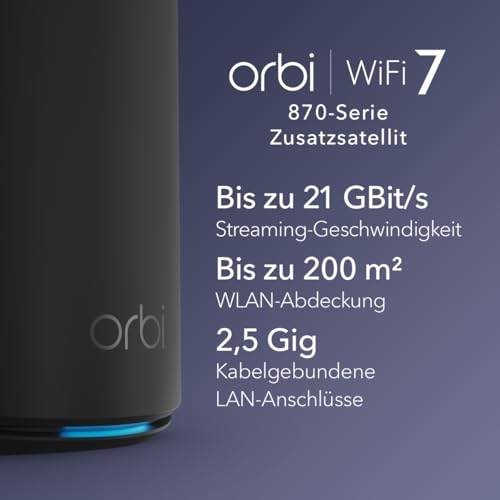 NETGEAR Orbi 870-Serie (RBE870B) Tri-Band WiFi 7-Mesh-Zusatzsatellit - kompatibel mit Orbi RBE873B, bietet zus&auml;tzliche Abdeckung von bis zu 200 m&sup2;, BE21000 802.11be (bis zu 21 GBit/s), schwarz