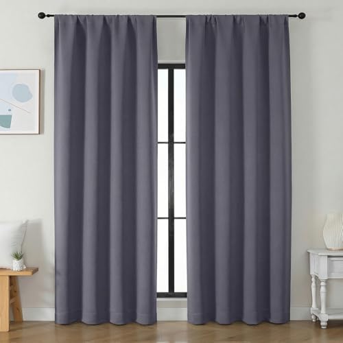 Image of Simplebrand Ava Greyish Purple Blackout Curtains for Bedroom 90 Inches Long 2 Panels Set, Solid Privacy Energy Saving Living Room Window Treatment Curtains Blackout Drapes, W50 x L90 Inch