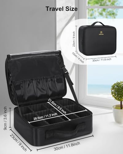 Image of Relavel Makeup Bag Large Cosmetic Bag Travel Train Case Toiletry Bag for Women with Adjustable Dividers, Travel Essentials Organizer Case Storage Box for Skincare, Brushes, Black